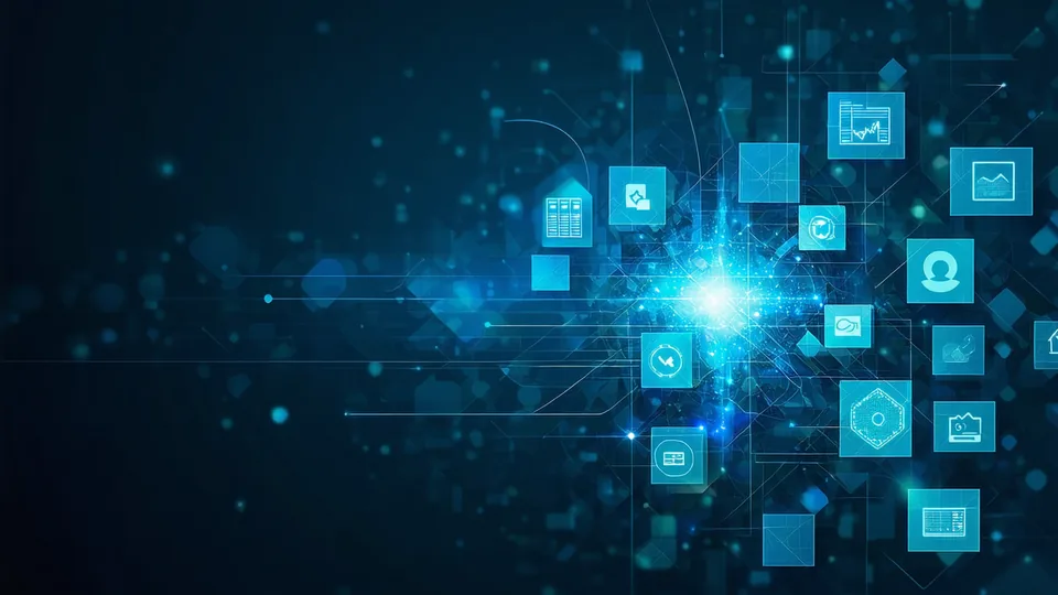 Abstract illustration of software integration — multiple data sources flowing into a unified platform hub